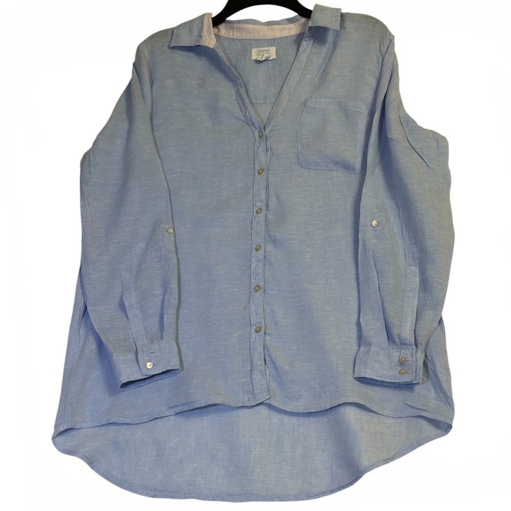 Sigrid Olsen Linen Button Down Shirt Medium Light Blue Womens Roll Tab Excellent